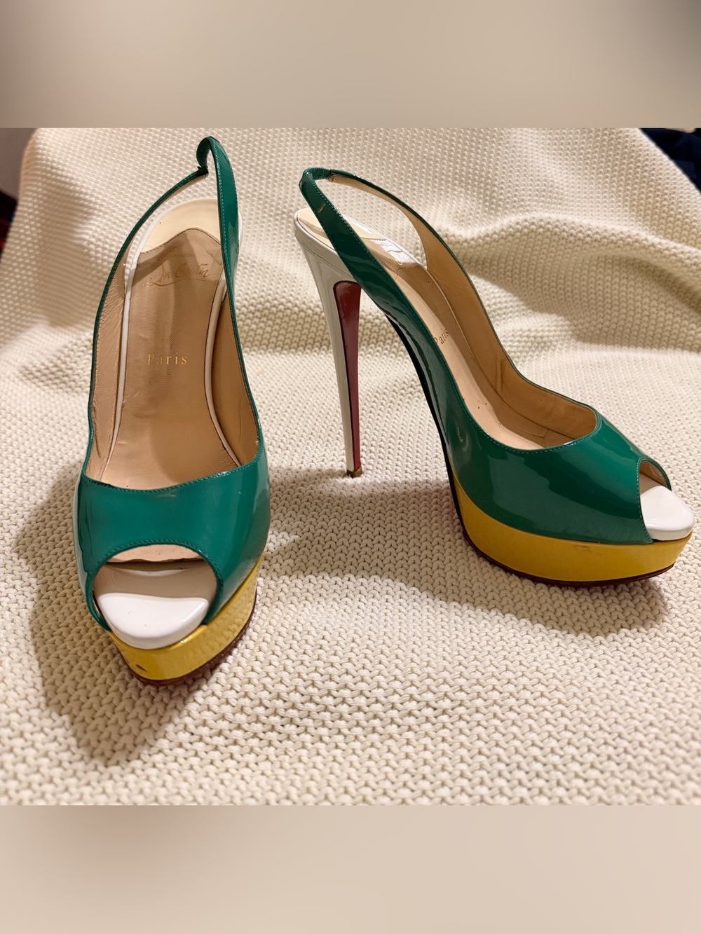 Christian Louboutin Green Patent Peep-Toe Slingback Platform Heels